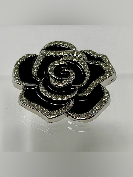 Jewelry - Black Enamel Flower Rhinestone Accent Brooch Silver-tone